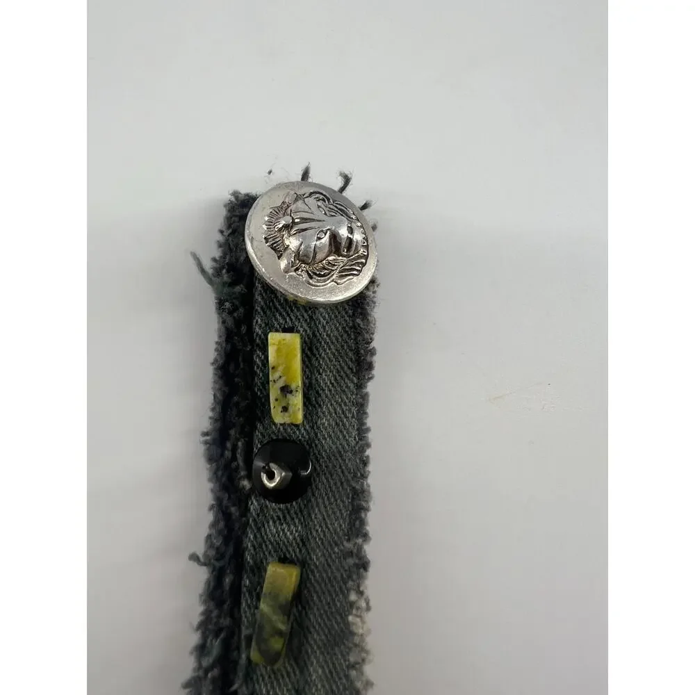 Handmade Denim Jean Black Green Beaded Bracelet Boho Bohemian Indie Button Clasp - Picture 3 of 8